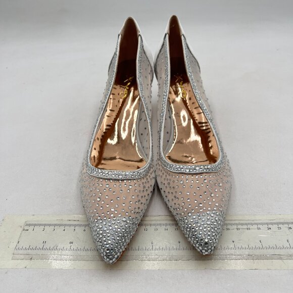 XYD Silver Pointed Toe Slip On Mesh Pumps Rhinestone Studs Kitten Heels Shoes - Picture 3 of 8